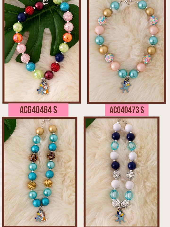 Multi-color bubble necklace w/character pendant. for wholesale by Kids Charm Online