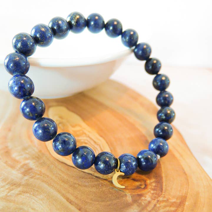 Lapis Lazuli Beaded Mala Stone Bracelet with moon charm for wholesale by Santore Jewelry Company