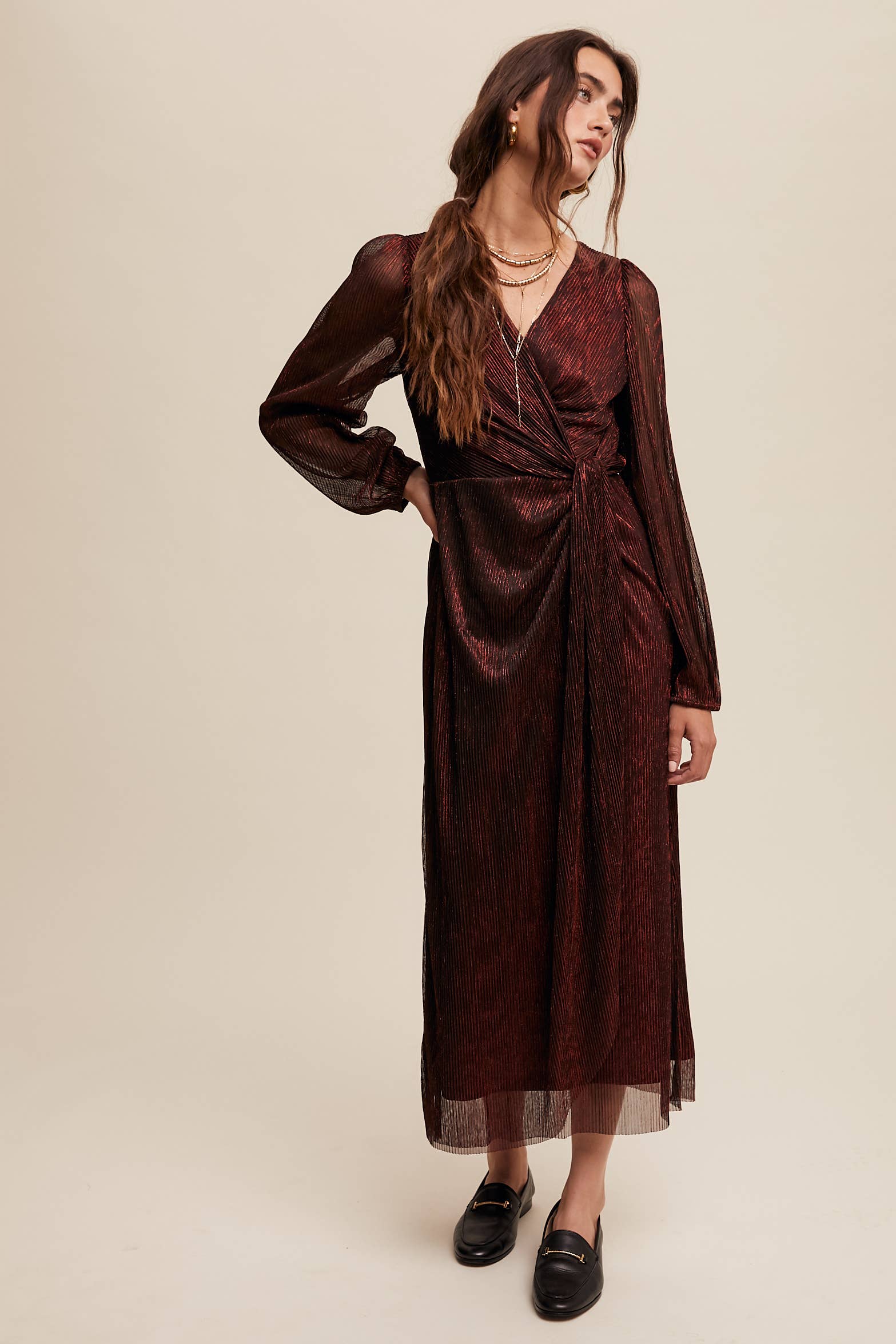 Listicle - Wholesale Jurk - Dames - Glanzende geplooide wikkel midi-jurk LD13225