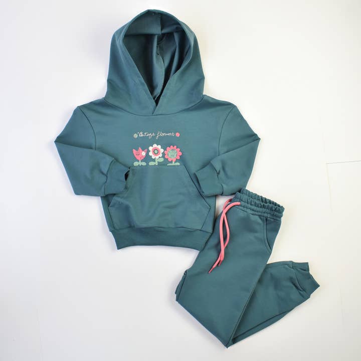 Teal Vintage Flowers Hoodie Joggers Set for wholesale on Faire