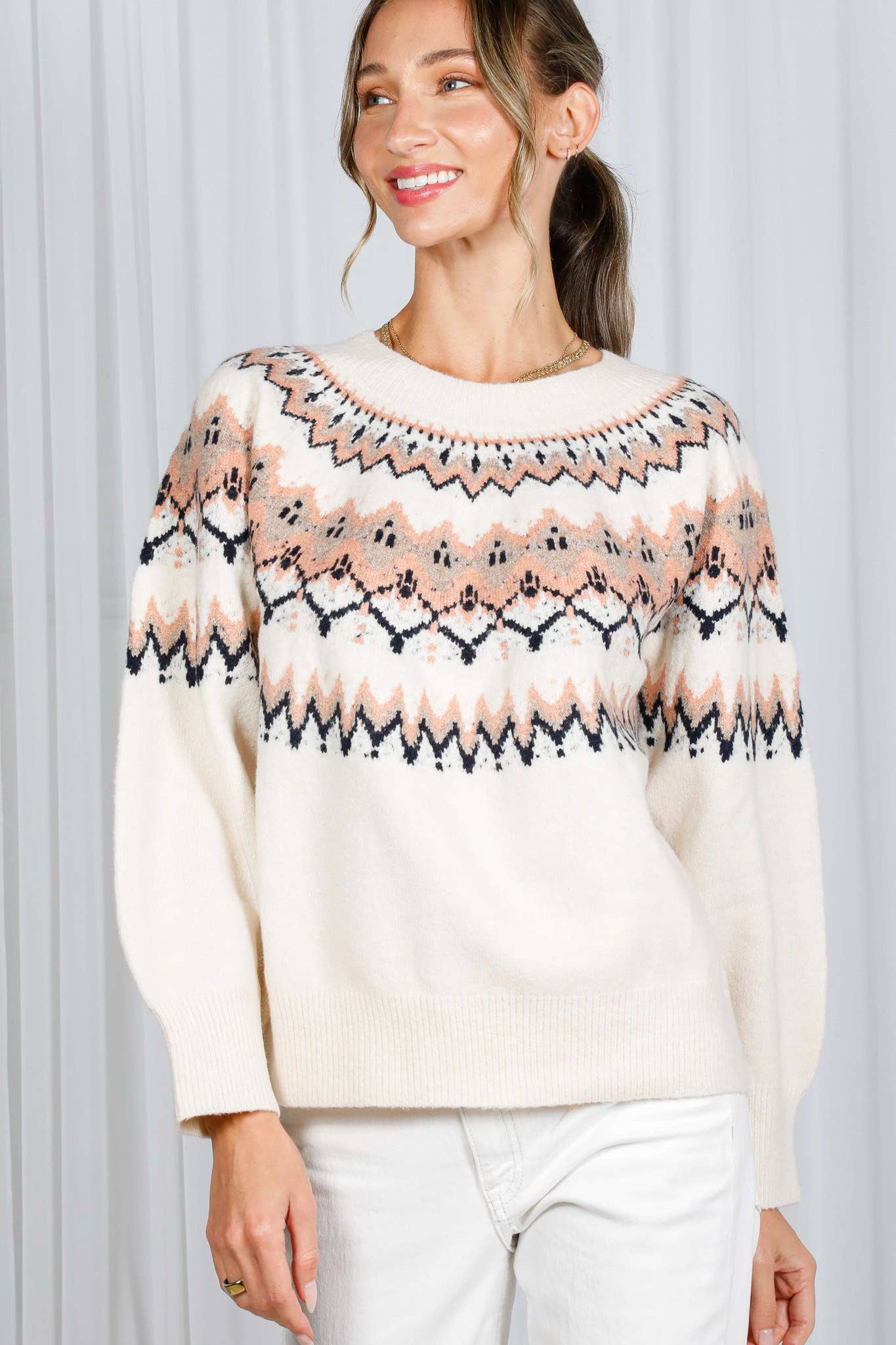 Cream Multi Fair Isle Embellished Pullover Knitted Sweater VT82602 for wholesale on Faire18