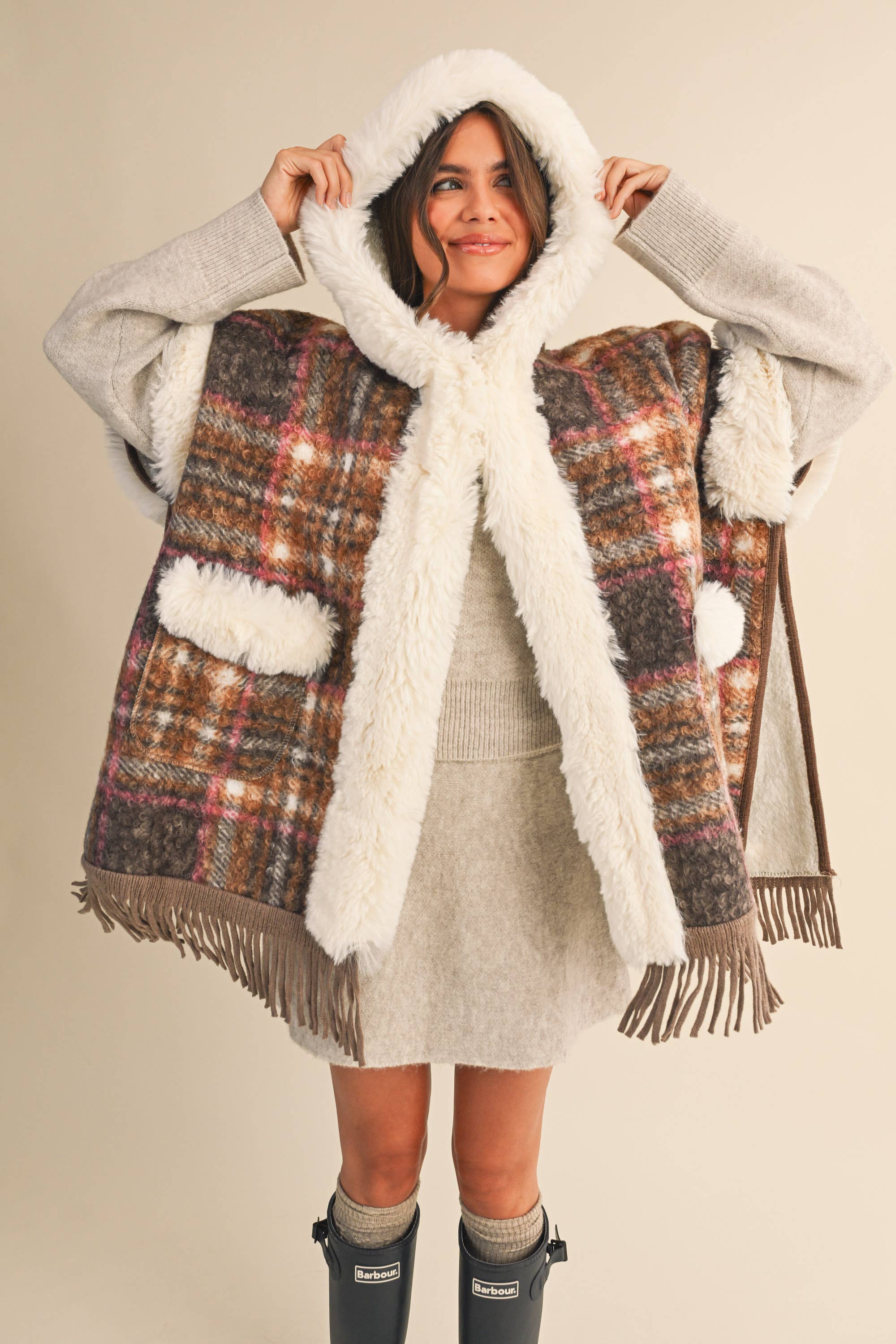BROWN COMBO IJ1664 PLAID FRINGED FAUX FUR TRIM OVERSIZED CAPE COAT for wholesale on Faire
