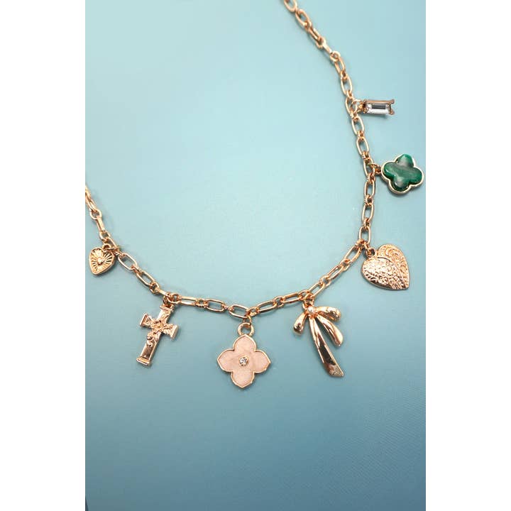 GOLD CHARM NECKLACE-GREEN CLOVER BOW CROSS HEART | 80N91991 for wholesale on Faire2