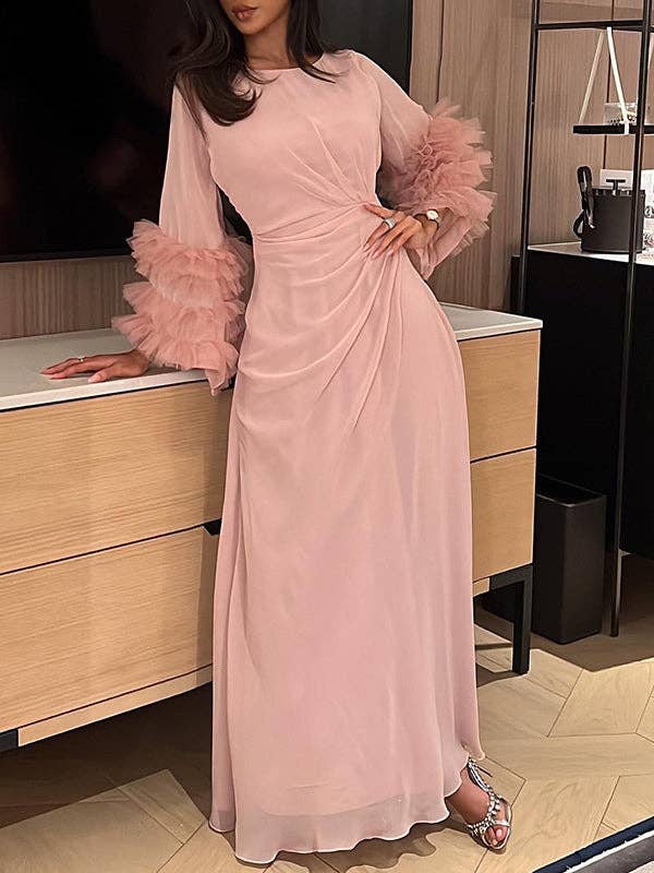 Plush Looks – wholesale Dress – Women's – Pleated Tie-Waist Flared Sleeve Maxi Dress5