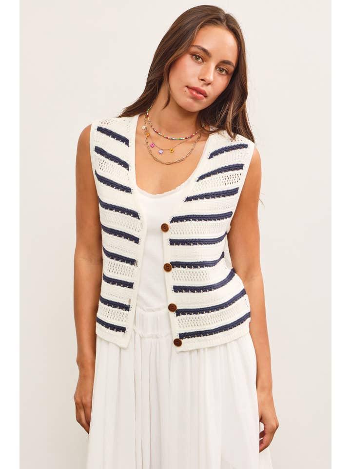 IVORY STRIPED BUTTON CLOSURE SLEEVELESS SWEATER VEST for wholesale on Faire