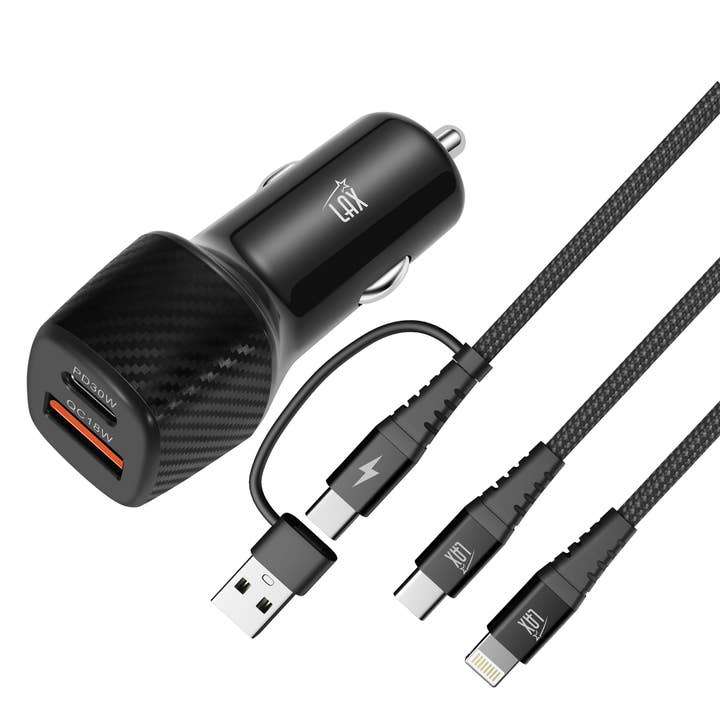 Chargeur de voiture USB-C 30W + Câble tressé 4-en-1 – Noir pour la vente par LAX Gadgets