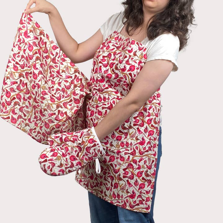 Cher the Fire - Wholesale Apron - Cotton Apron, Ivory Cardinal watercolor Holiday/Everyday5