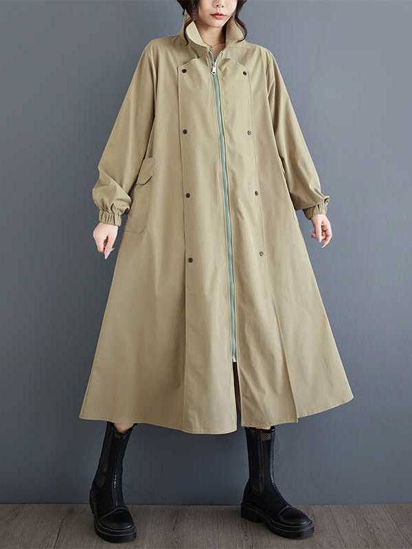 Trench-coats d'extérieur à manches longues, amples et boutonnées, poches élastiques, à joint fendu, à revers et fermeture éclair pour la vente par StyleGalX
