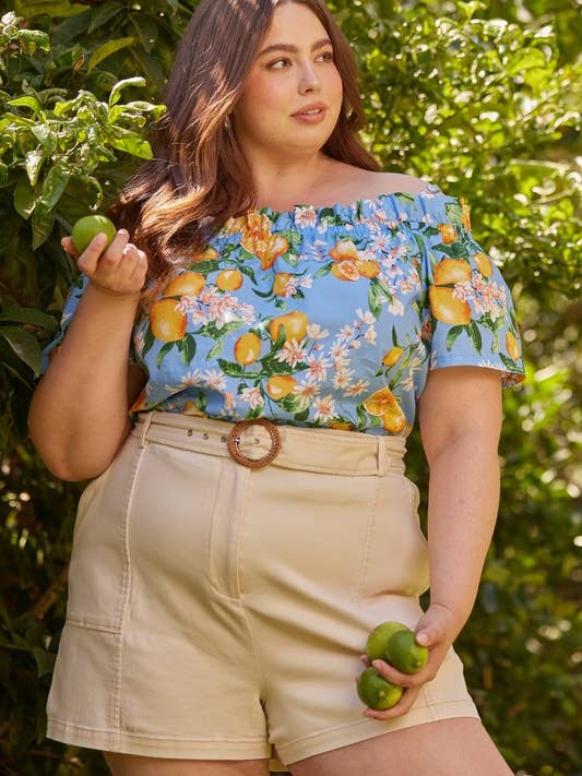Plus Size Off Shoulder Lemon Print Cami Top for wholesale by SKIES ARE BLUE