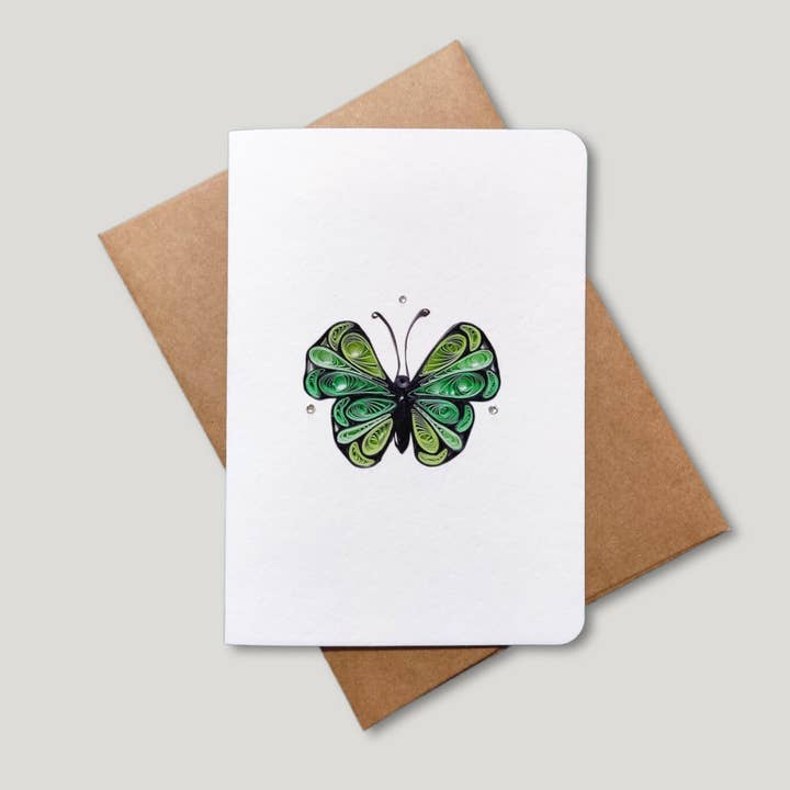 Grön fjäril - Tryckt Quilling gratulationskort för wholesale av Crane and Quiller