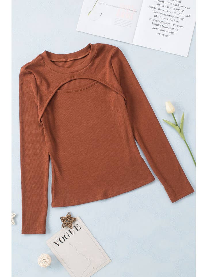 Brown Ribbed Peekaboo Cutout Long Sleeve Top for wholesale on Faire3