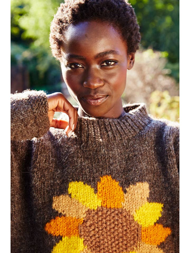 Pachamama Ltd - Wholesale Knit Sweater - Women's - Sunflower Wool Knit Sweater Bark Brown Floral Knit Motif