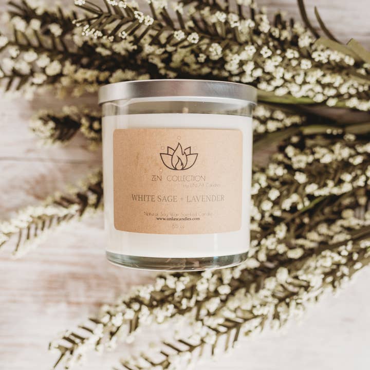 Sauge Blanche+Lavande - Collection Zen - Bougie de soja 9 oz pour la vente par UNLAX Candles