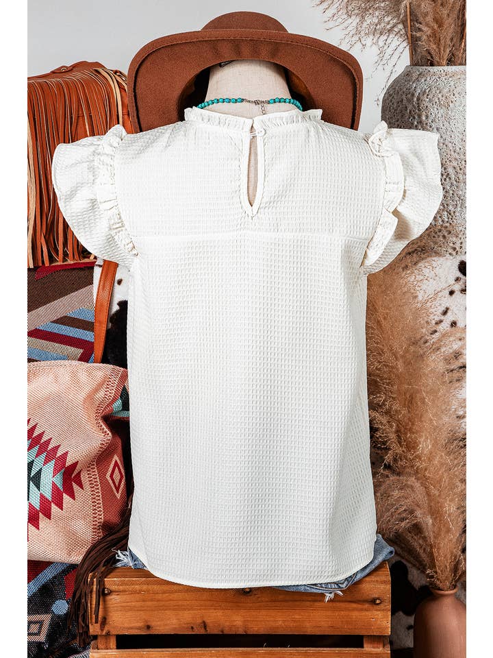 White Fashion-W Ruffle Trim Waffle Knit Blouse for wholesale on Faire1