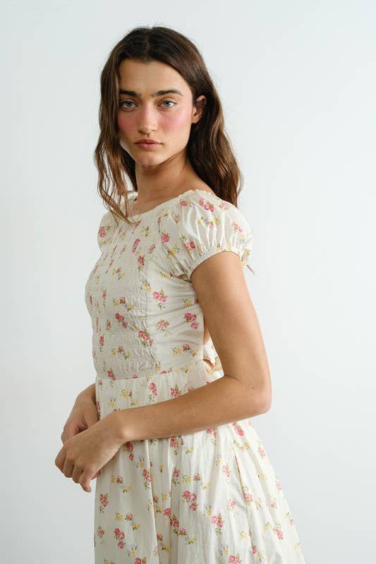 Cream MD2220 Floral Smocked Top Piecing Maxi Dress
 for wholesale on Faire8