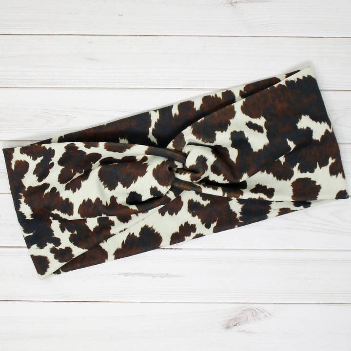 Cowhide Brindle Spotted Brown Western Print Twist Headband for wholesale by Treasured Haven