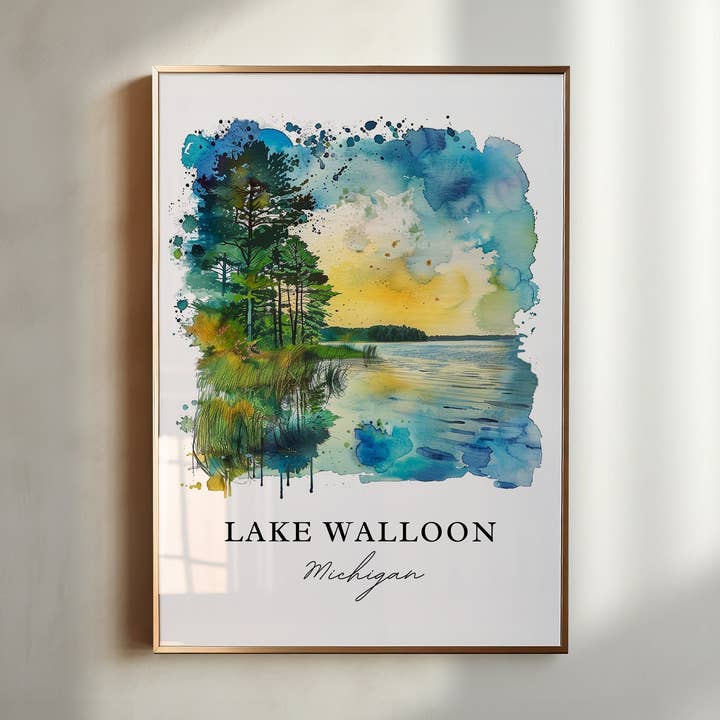 Arte de Parede do Lago Walloon, Impressão do Lago Walloon MI, Aguarela dos Grandes Lagos, Presente do Lago Walloon, por atacado de Premium Travel Art