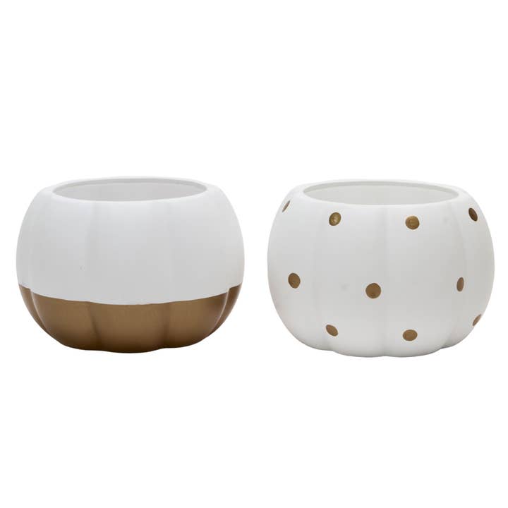 Jacobson - Wholesale Plant Pot - 6.5"D Assorted Ceramic Pumpkin Planters - Ivory & Gold