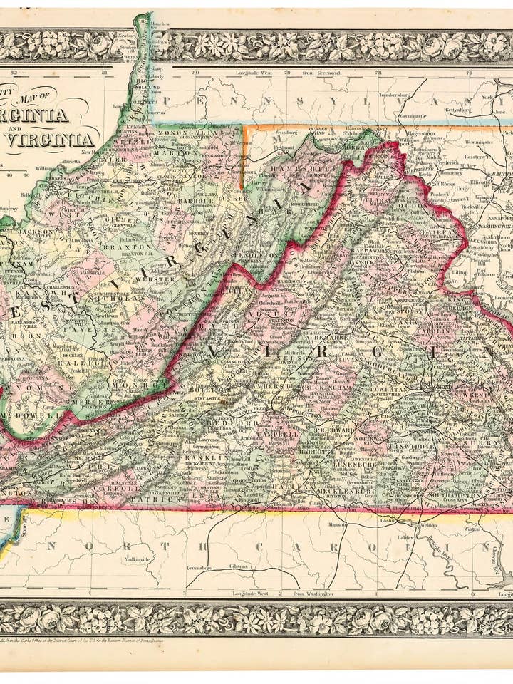 County Map of Virginia and West Virginia 1863 for wholesale by Relic Map Co.