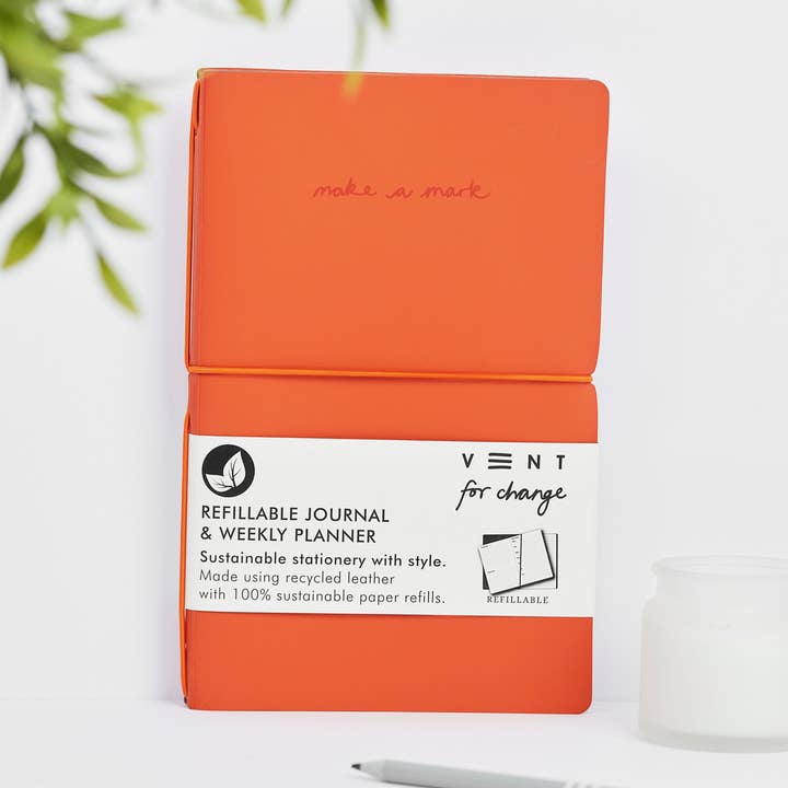 Weekly Planner/Journal Recycled Leather Refillable - Orange for wholesale by VENT for Change USA