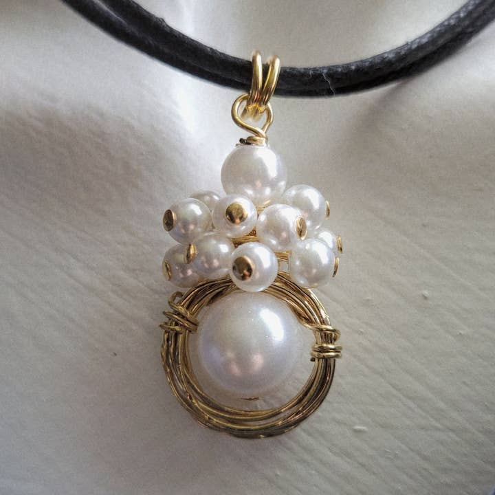 Gold & Pearl "Mulberries" Pendant Cord Necklace/Holiday for wholesale by Teahan K Jewelry