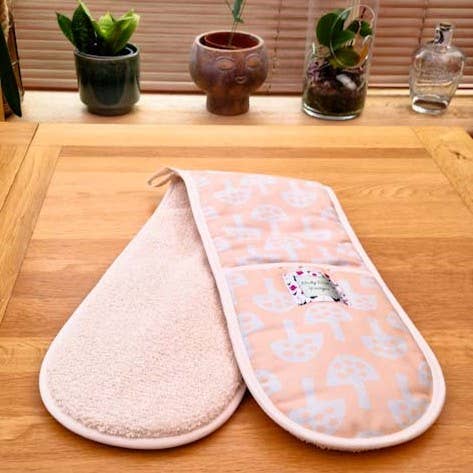 Organic Cotton Double Oven Glove - GT Mushrooms Pale Acorn for wholesale by Nicky Web Designs