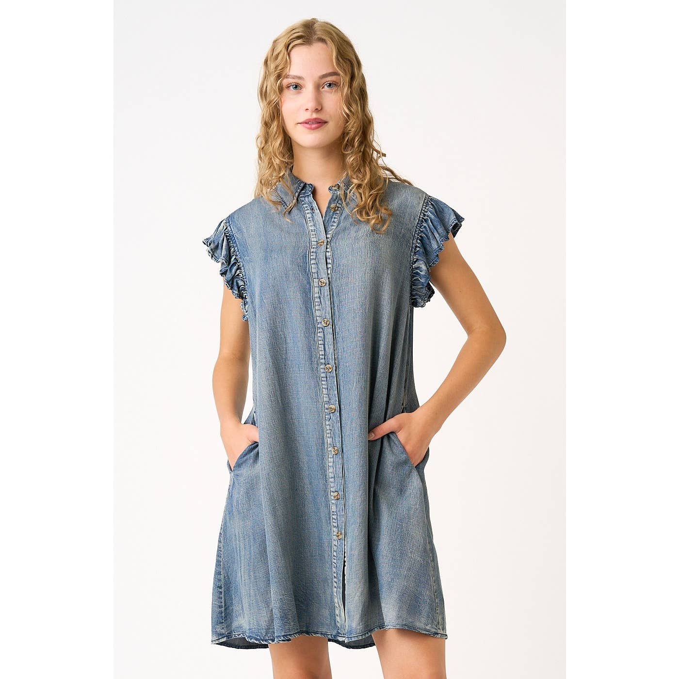 mittoshop - Wholesale Dress - Women's - WASHED CHAMBRAY RUFFLE SLEEVE BUTTONED MINI DRESS15