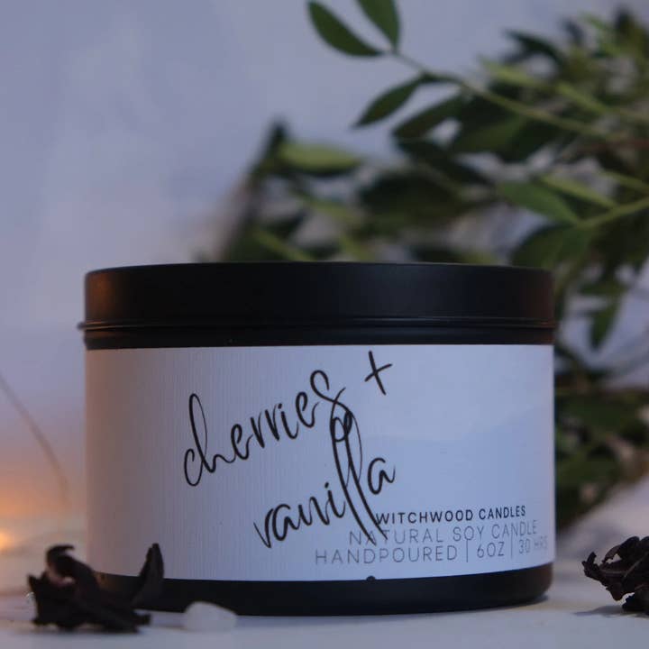 Cherries and Vanilla scented soy candle, matte black tin for wholesale by Witchwood Candles