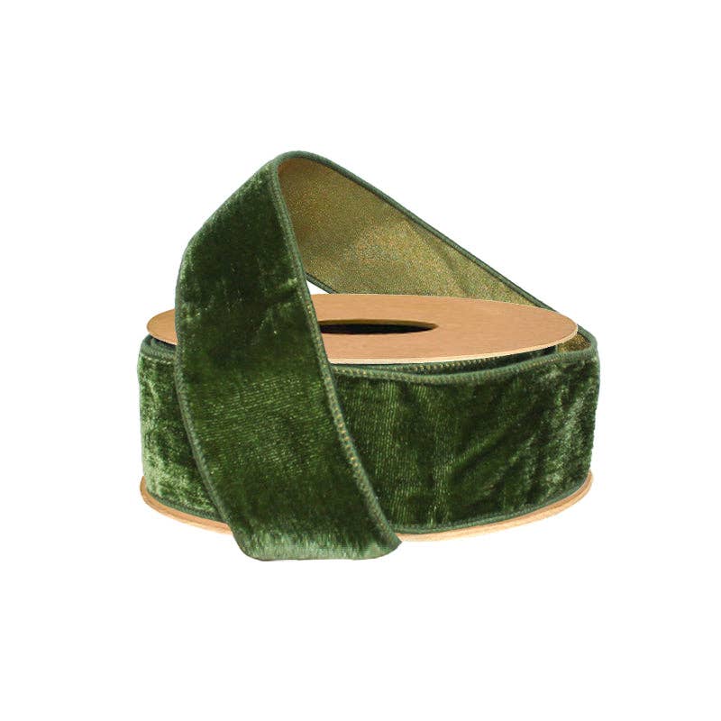 LA Ribbons Wholesale - Wholesale Ribbon – Gift wrapping - 2 1/2" Wired Premium Velvet Ribbon w/ Tissue Back | Green/Gold | 10 Yard Roll