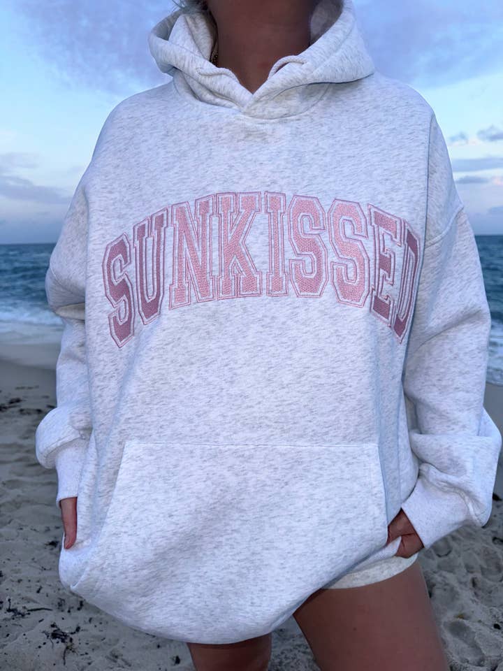 Pearl Grey w/ Pink Thread Sunkissed Varsity Embroider Hoodie for wholesale on Faire