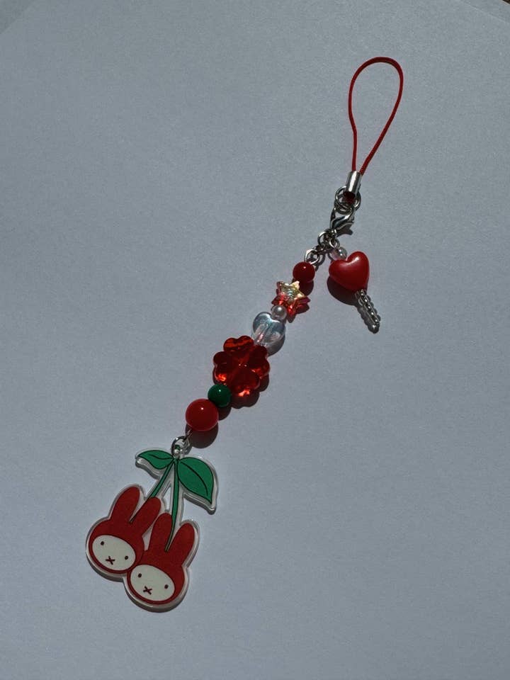 Cherry Bunny Miffy Beaded Phone Keychain for wholesale by Threads By Tie