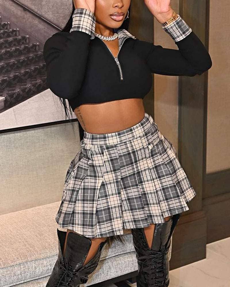 Fashion Combination – Großhandel Set aus Oberteil und Rock – Damen – Crop-Top mit Reißverschluss vorne und Faltenrock-Set2