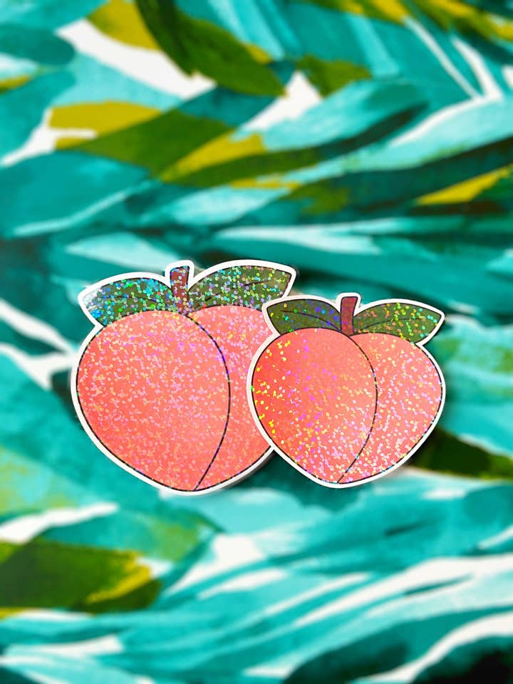 Georgia Peach Emoji Sticker - Glitter Holographic Decal for wholesale by Korr Sticker Co