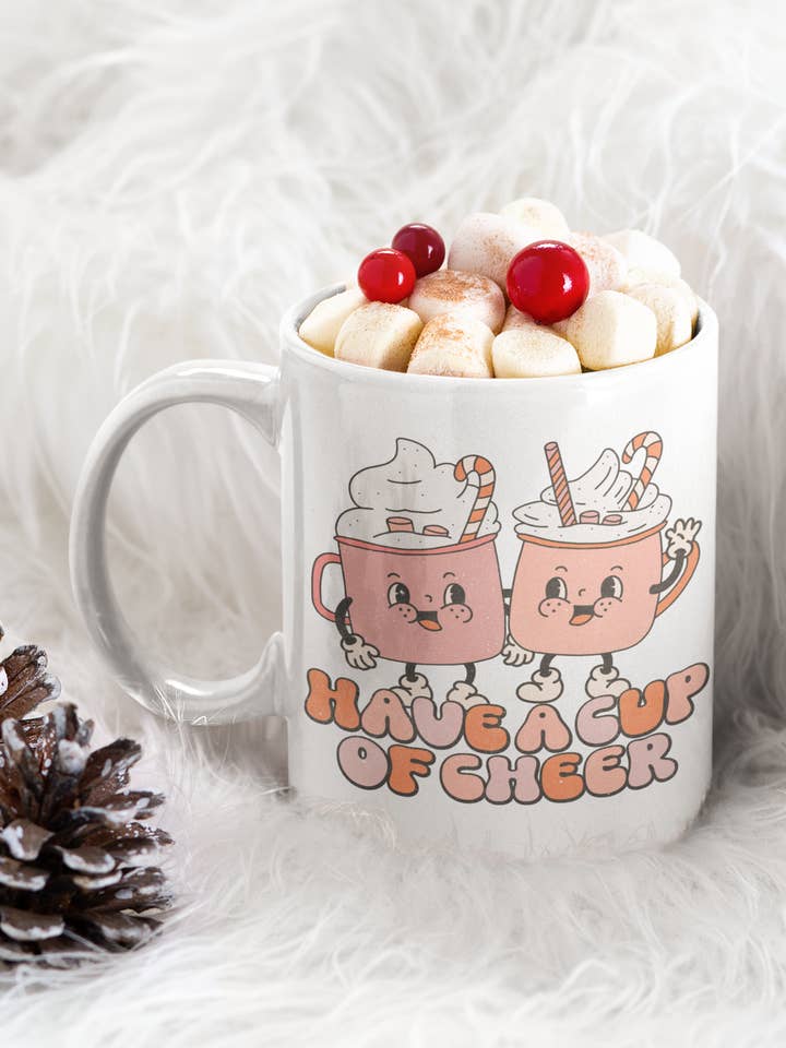 Have A Cup of Cheer Retro Groovy Hot Cocoa Holiday mug for wholesale by Peach Tree Design Shop