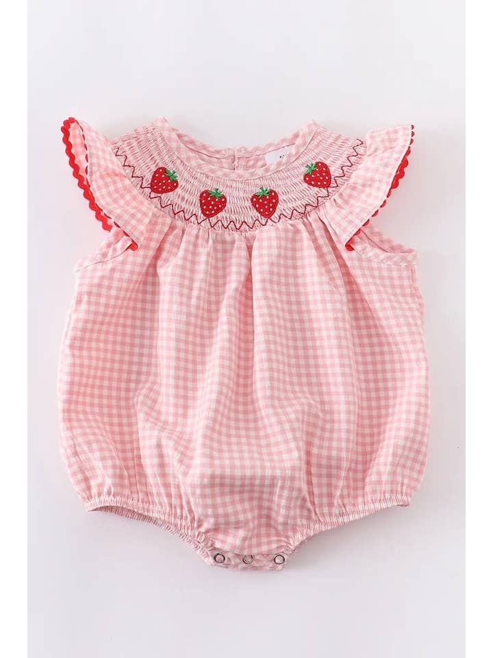 Little Trendy - Vente Barboteuse – bébé - Barboteuse rose pâle à carreaux smockés en forme de fraise