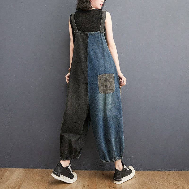 DRUCK Latzhose aus Denim mit Farbblock-Patchwork und Used-Effekt für den Großhandel auf Faire2