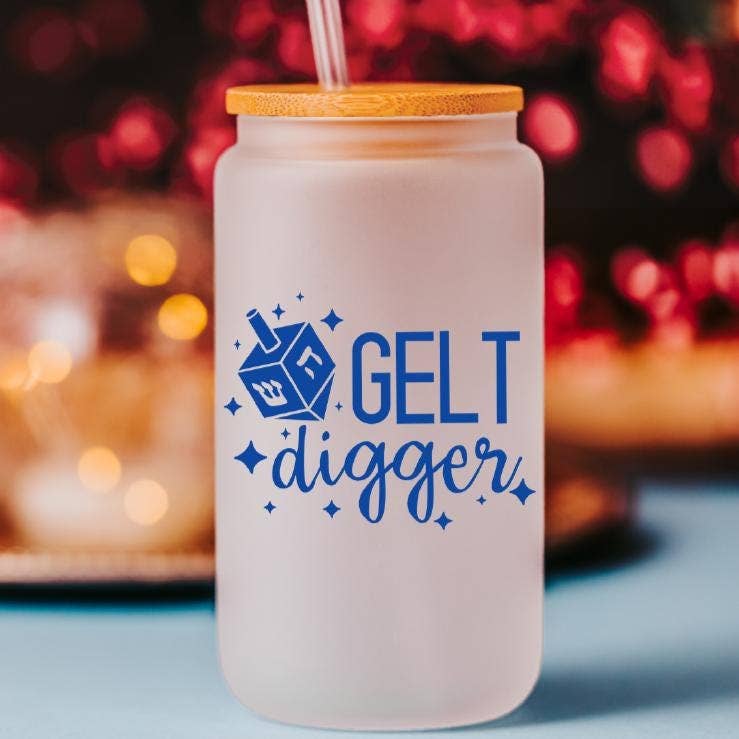 Salt Sparkle Shalom - Wholesale Drinking Glass/Cup - Gelt Digger Printed Glass Can Cup1