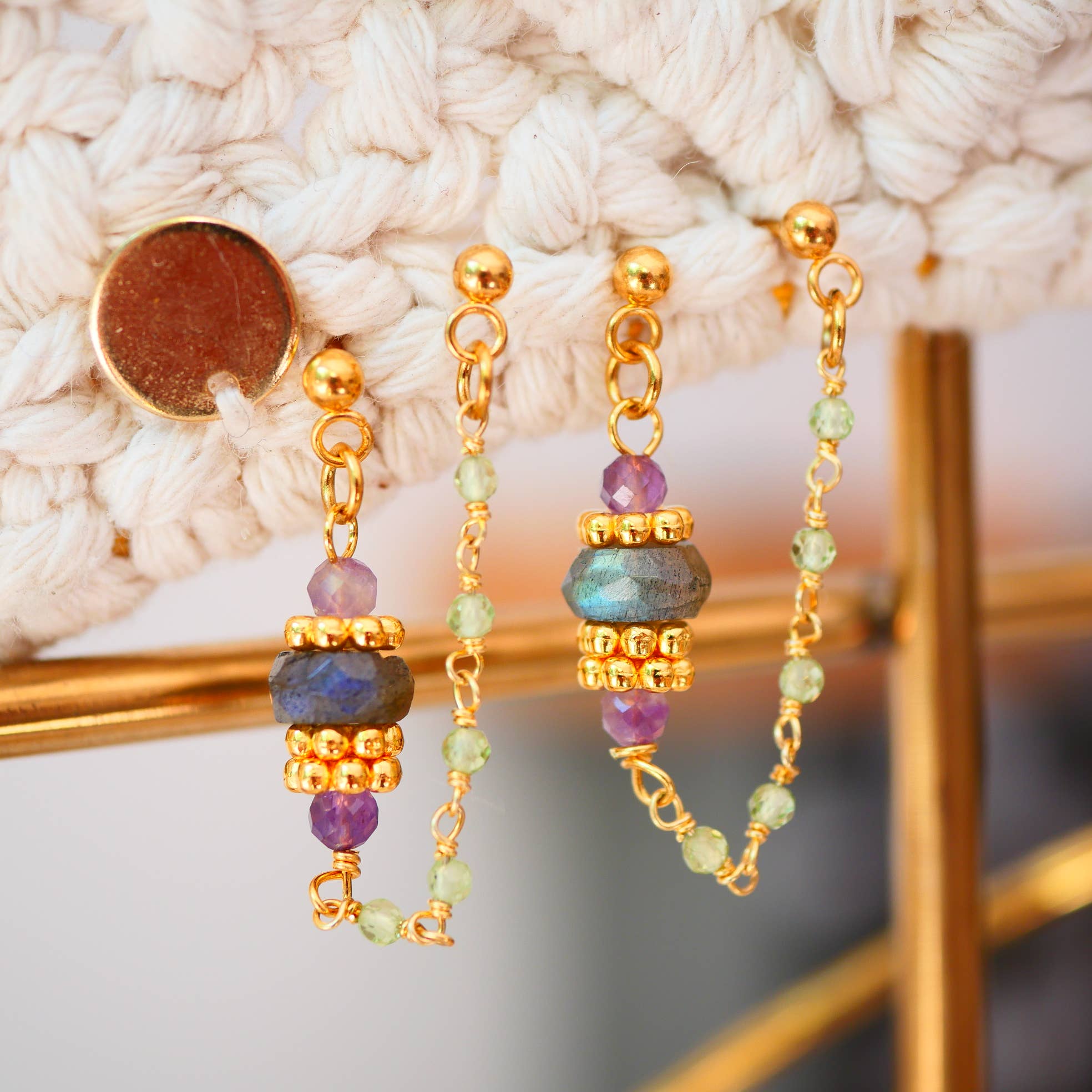 GINANDGER - Vendita all'ingrosso Orecchini pendenti - Orecchini doppi collegati da catena in acciaio inox con peridoto, labradorite e ametista3