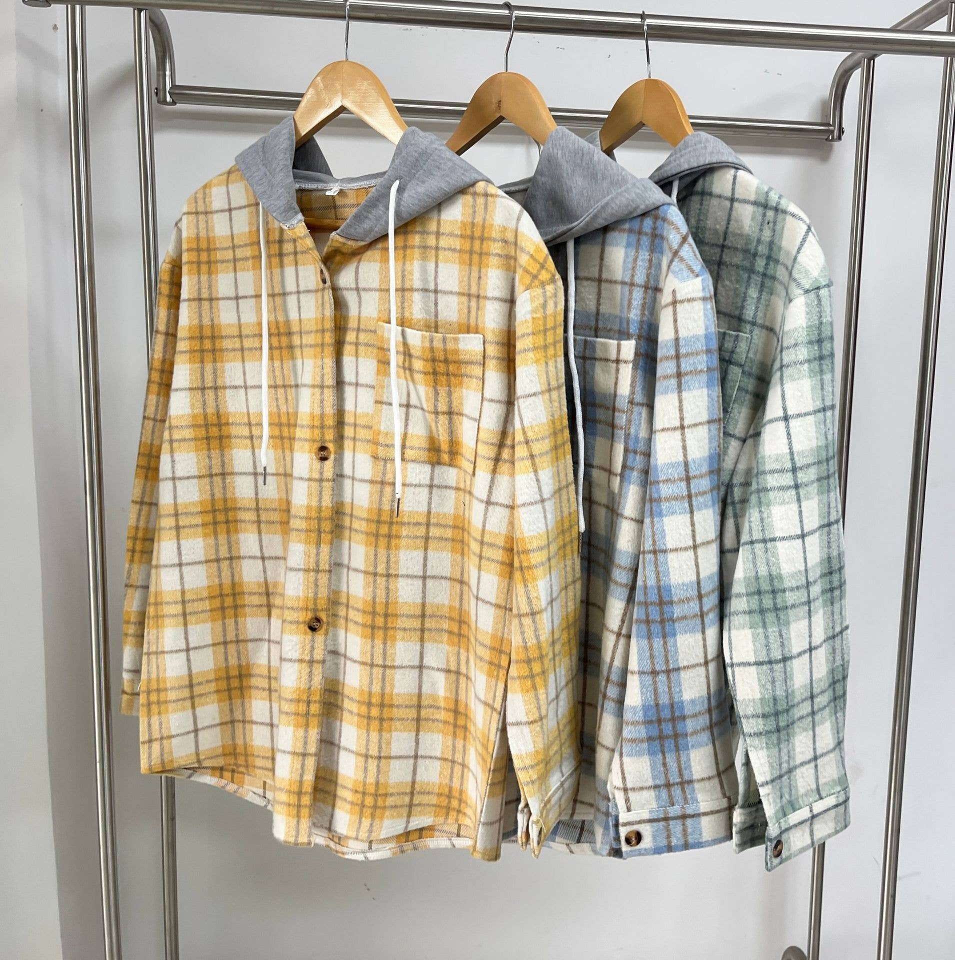 HIDDENBRAND - Wholesale Hoodie - Women's - Drawstring Plaid Hooded Shirt Jacket5