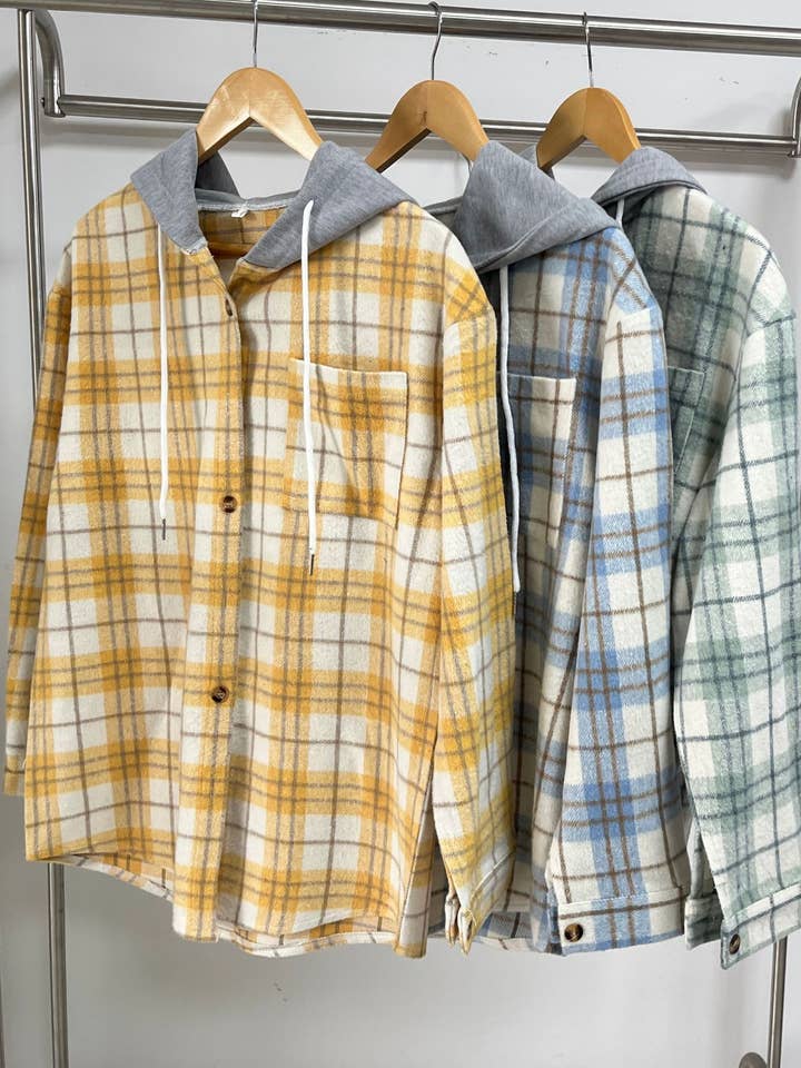 HIDDENBRAND - Wholesale Hoodie - Women's - Drawstring Plaid Hooded Shirt Jacket5