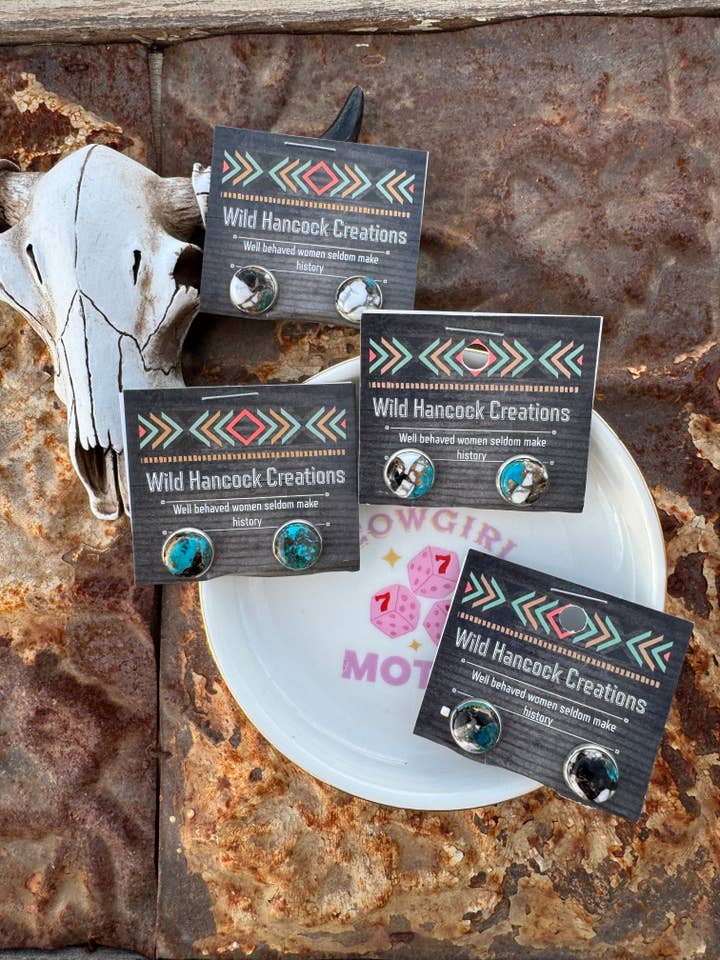 White Buffalo And Turquoise Stud Earrings for wholesale by Wild Hancock Creations