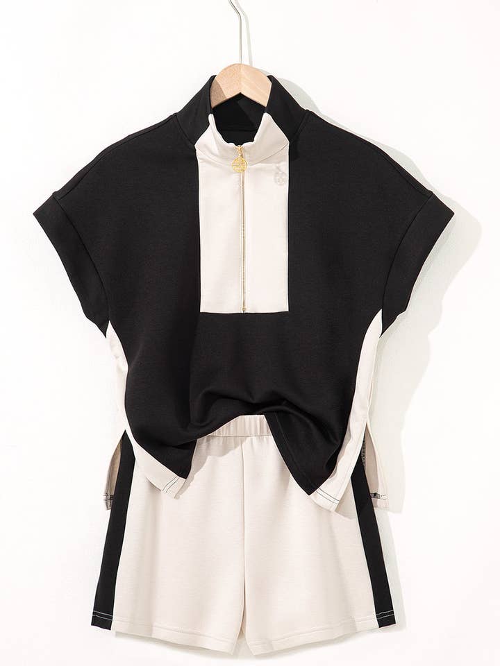 Black Contrast Zipped Stand Collared T Shirt and Short Set for wholesale on Faire4