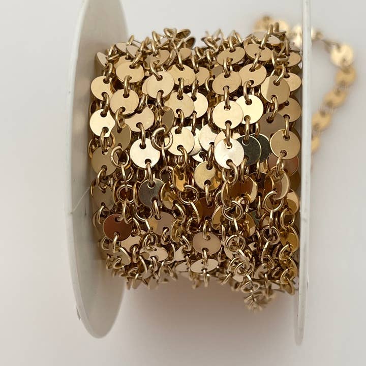 Purity Beads - Wholesale Craft Supplies - 14K Gold Filled Sequin Disc Chain – 4mm Round Flat Links, Sold by the Foot – Real Gold Fill Chain for Jewelry Making1