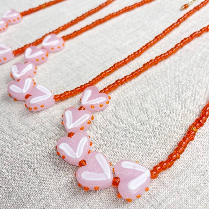 Ewelina Pas Jewelry - Wholesale Beaded/pearl necklace - Lovie/// Orange Pink Heart Lampwork Glass Beaded Necklace2