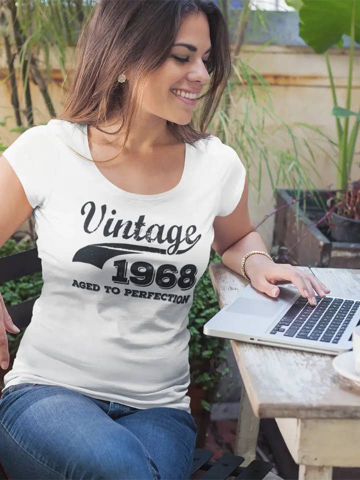 Vintage Aged To Perfection 1968, White, Women's Short Sleeve Round Neck T-shirt, gift t-shirt 00344 for wholesale by ULTRABASIC