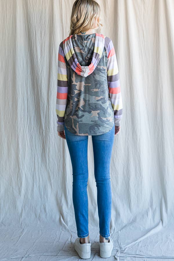 7th Ray - Wholesale Hoodie - Women's - Camo Print Stripe Raglan Sleeve Drawstring Hoodie T454919