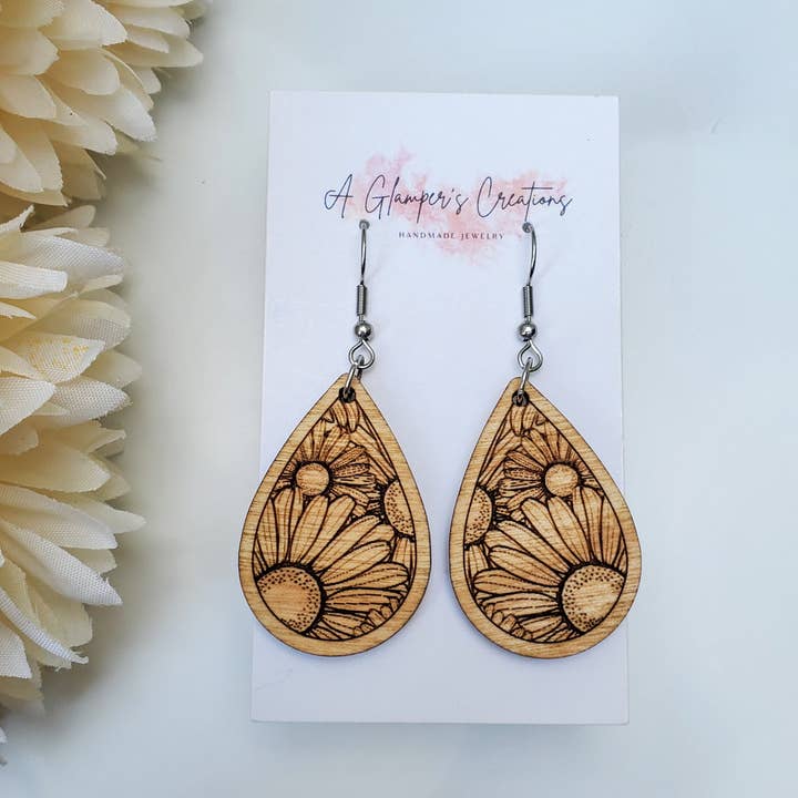 Sunflower Wooden Teardrop Earrings - Western, Floral for wholesale by A Glamper's Creations LLC