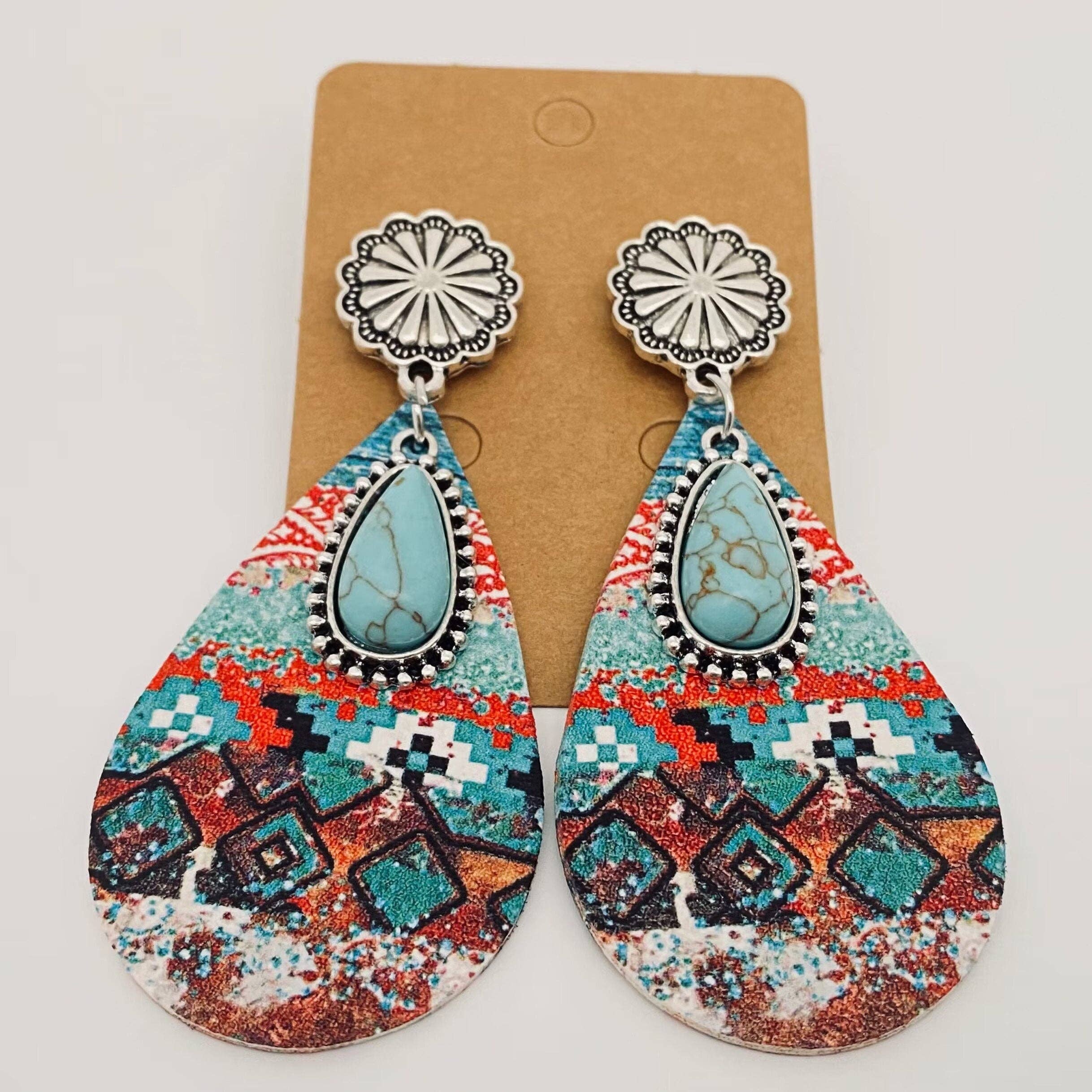 Mio Queena - Wholesale Dangle Earrings - Western Drop-shape Leather Turquoise Pendant Earrings - WJ1