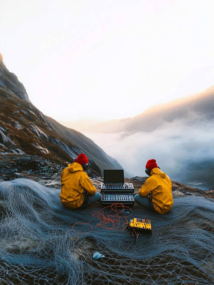 Summit Tech — obra de arte con músicos en sesión electro en la montaña para venta al por mayor de Kokodaac