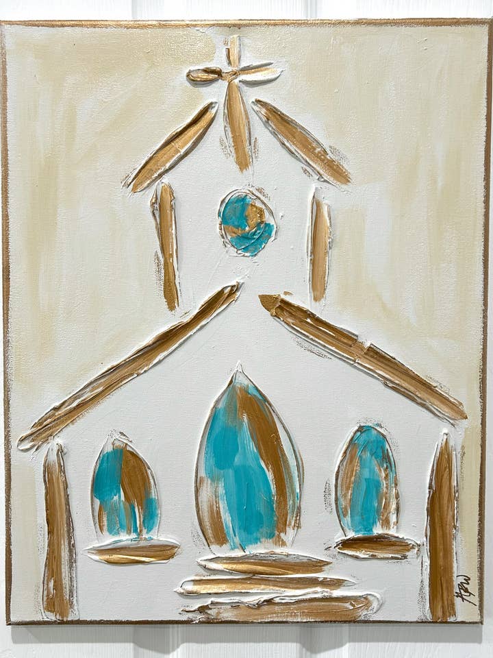 Iglesia rústica sobre lienzo L/XL pintada a mano y texturizada para venta al por mayor de Coddiwomple